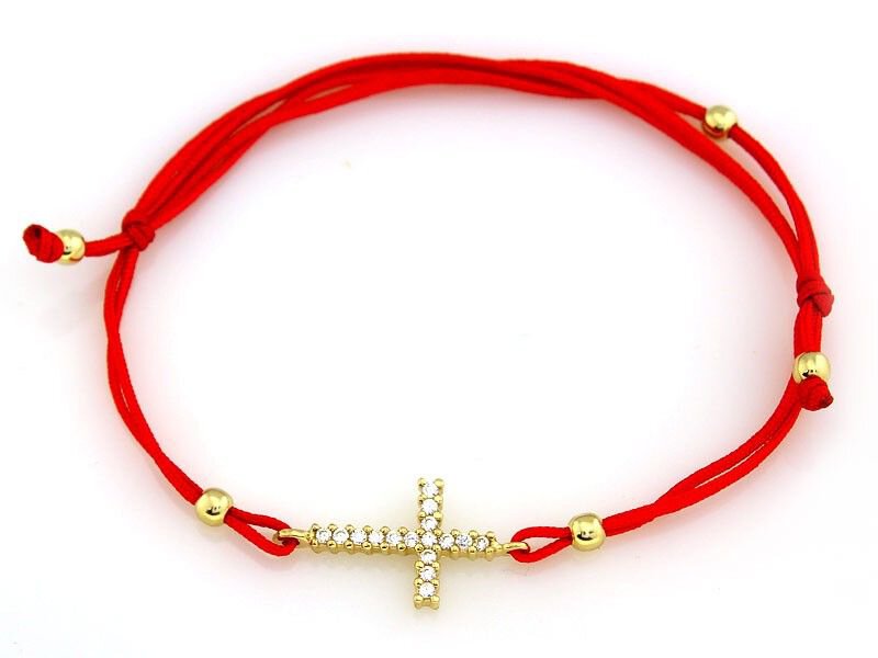 Bransoletka Złota Krzyżyk z Cyrkoniami 2 pr 585 na Czerwonym Sznurku