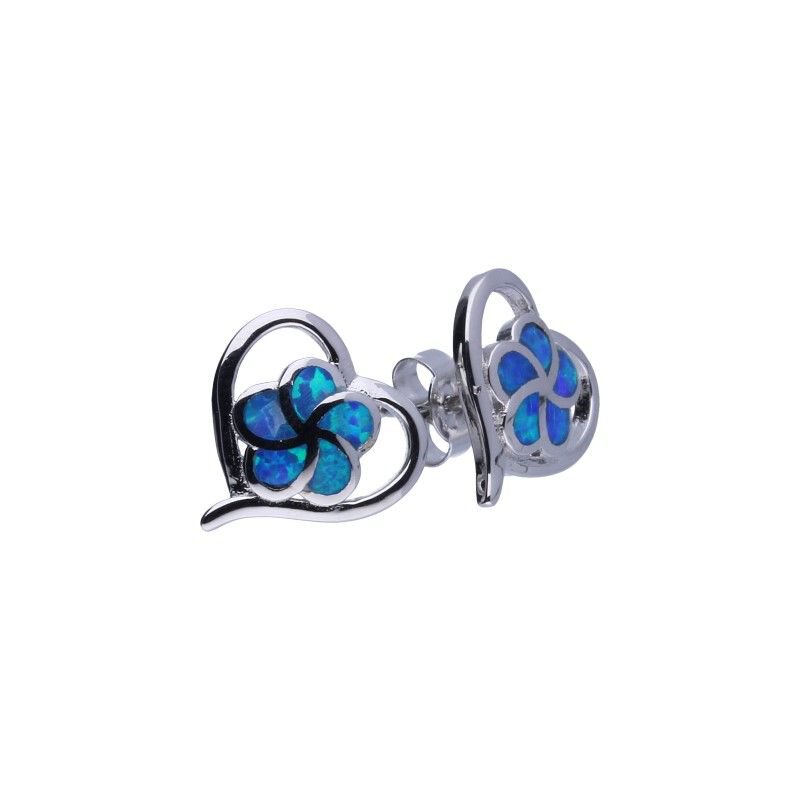 Kolczyki Srebro Rodowane Niebieski Opal Kwiatek w  Sercu