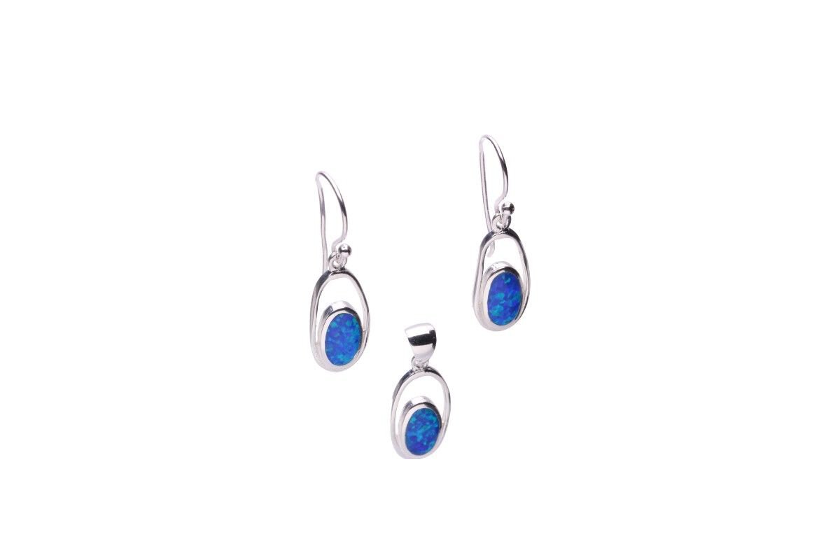 Komplet Srebro Rodowane Niebieski Opal  Oval