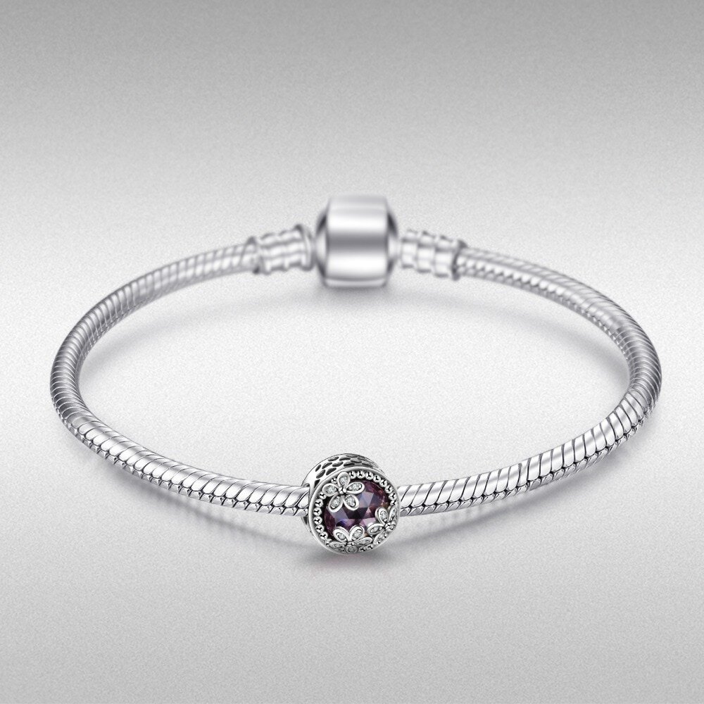 Koralik Zawieszka Beads do Pandora Srebro 925 Fioletowa Cyrkonia Kwiatki