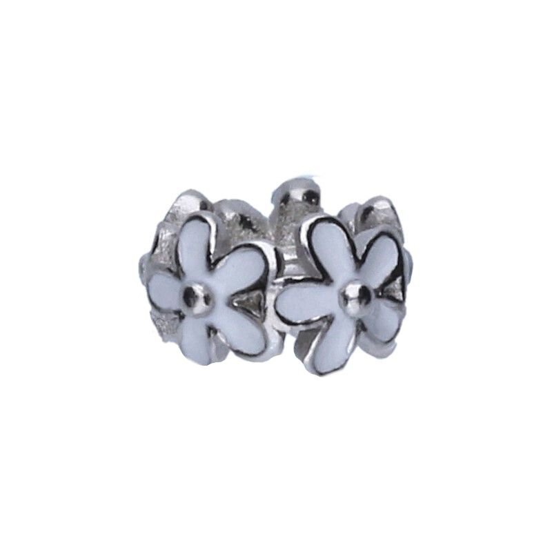 Koralik Zawieszka Beads Srebro 925 Rodowane Kwiatuszki Biała Emalia