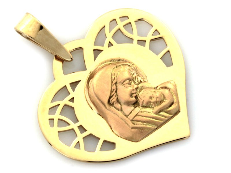 Złoty medalik w kształcie serca Matka Boska z Dzieciątkiem próba 585 