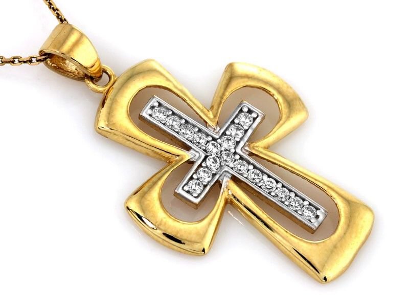 Złota Zawieszka Krzyżyk pr. 333 nietuzinkowy z kamieniami dwukolorowy