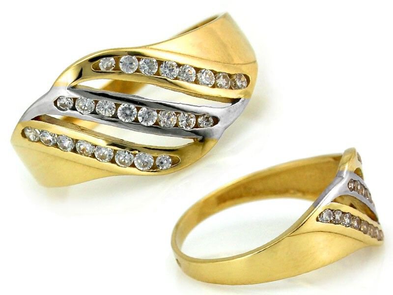 Złoty 585 Elegancki pierścionek z cyrkoniami FALA
