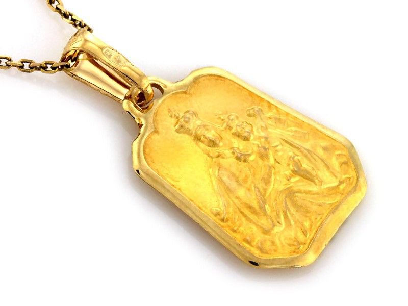 Złoty Medalik dwustronny próba 585 Prostokąt Maryja z Dzieciątkiem Jezus