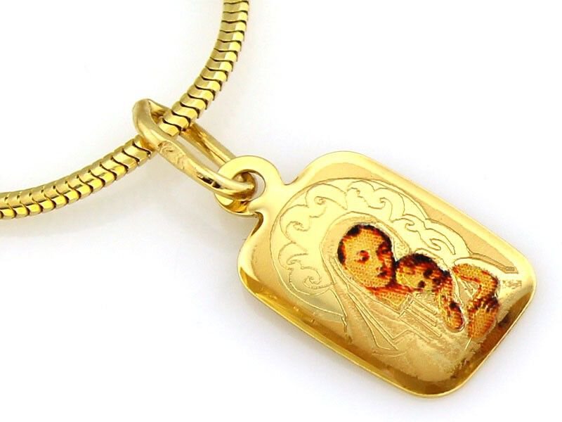 Złoty Medalik pr 585 Prostokąt Maryja z Dzieciątkiem