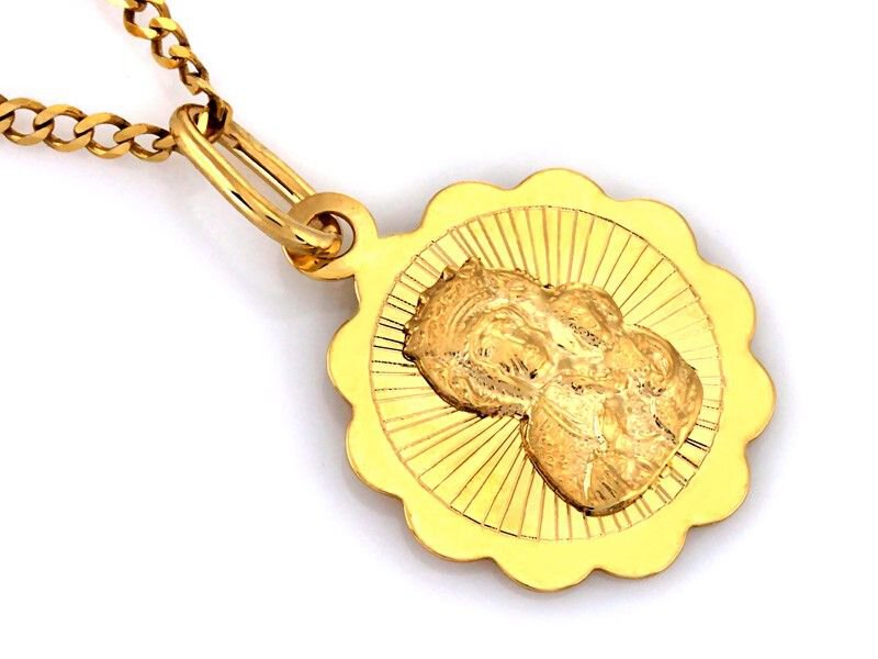 Złoty Medalik próba 333 Okrągły Matka Boska z Dzieciątkiem Ramka
