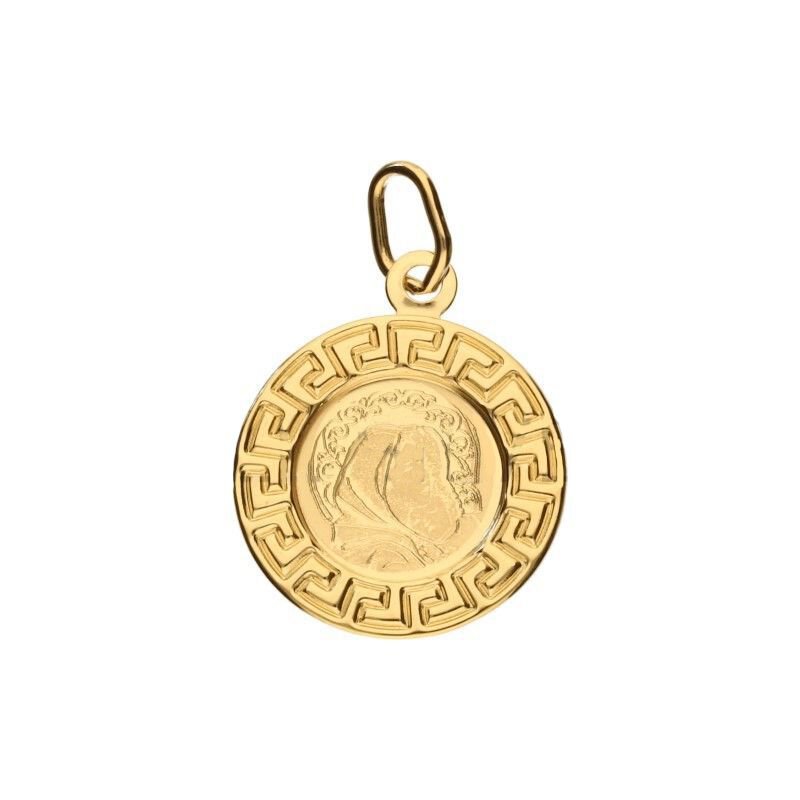 Złoty Medalik próba 585  Matka Boska z Dzieciątkiem Ramka Wzór Grecki