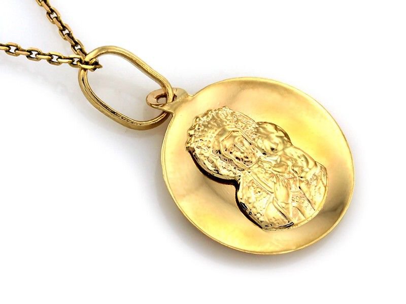 Złoty Medalik próba 585 Owal Maryja z Dzieciątkiem Gładki