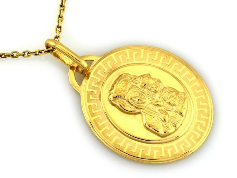 Złoty Medalik próba 585 Owal Matka Boska z Dzieciątkiem Ramka Wzór Grecki