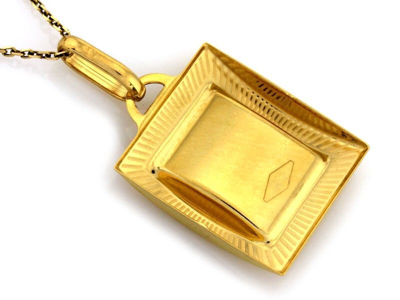 Złoty Medalik próba 585 Prostokąt Matka Boska z Dzieciątkiem Ramka Wzór Grecki