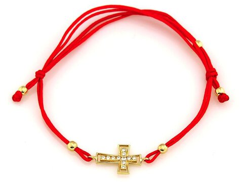 Bransoletka Złota Krzyżyk z Cyrkoniami 3 pr 585 na Czerwonym Sznurku
