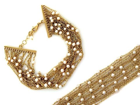 Bransoletka Złota pr 585 wiele łańcuszków z perłami