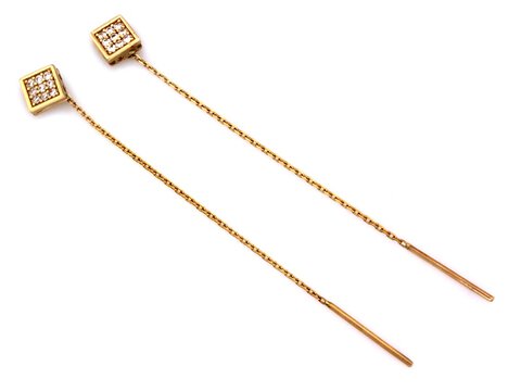 Kolczyki Złoto pr 585 przeciągane kwadraciki z cyrkoniami przy uchu