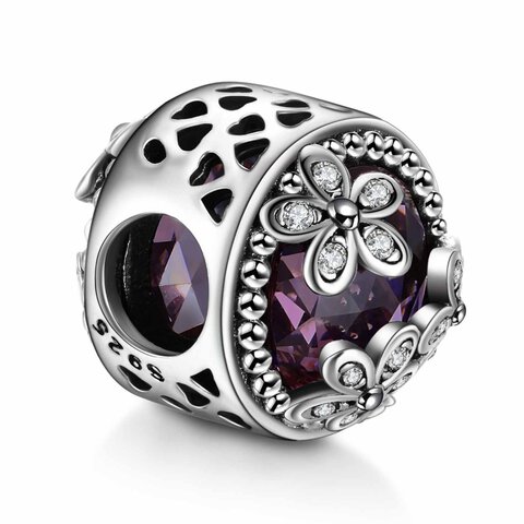 Koralik Zawieszka Beads do Pandora Srebro 925 Fioletowa Cyrkonia Kwiatki