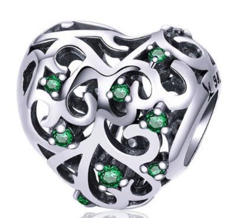 Koralik Zawieszka Beads do Pandora Srebro 925 Serce ażurowe z zielonymi cyrkoniami