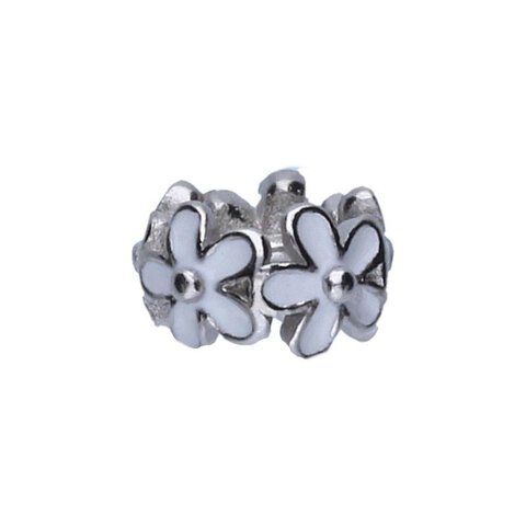 Koralik Zawieszka Beads Srebro 925 Rodowane Kwiatuszki Biała Emalia