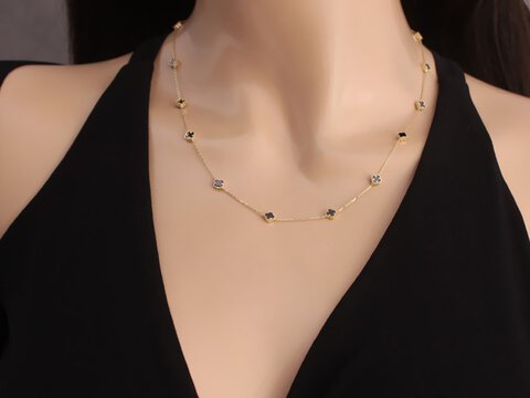 Naszyjnik Złoto pr 585 Czarne Kwiatki Cyrkonie 