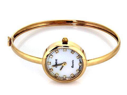 Złoty zegarek damski bransoletka sztywne koło próba 585  