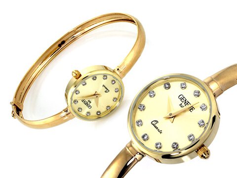 Złoty zegarek damski bransoletka sztywne koło próba 585