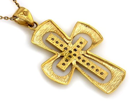 Złota Zawieszka Krzyżyk pr. 333 nietuzinkowy z kamieniami dwukolorowy