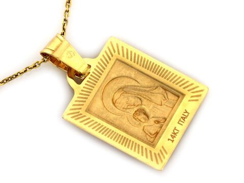 Złoty Medalik próba 333 Kwadrat Maryja z Dzieciątkiem Ozdobna Obwódka