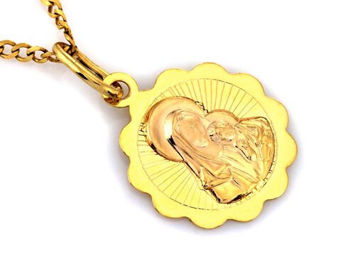 Złoty Medalik próba 333 Okrągły Maryja z Dzieciątkiem Ramka