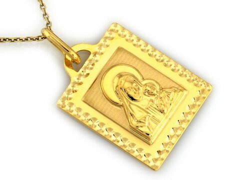 Złoty Medalik próba 333 Prostokąt Maryja z Dzieciątkiem Ozdobna Obwódka