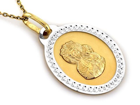 Złoty Medalik próba 585 Maryja z Dzieciątkiem Obwódka Białe Złoto