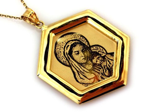 Złoty Medalik próba 585 Maryja z Dzieciątkiem Ramka