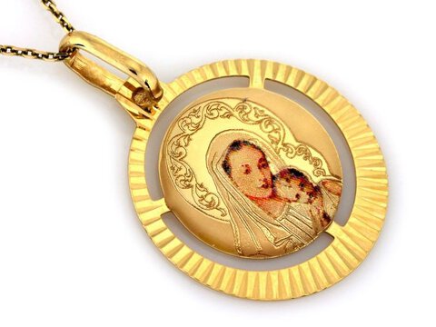 Złoty Medalik próba 585 Matka Boska z Dzieciątkiem Ramka