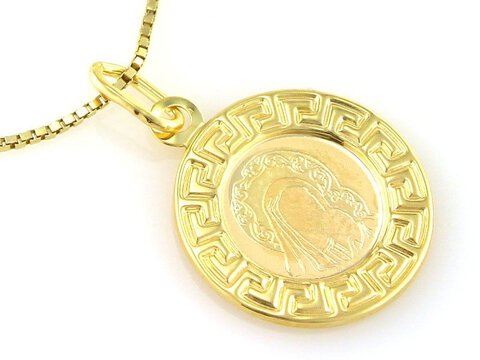 Złoty Medalik próba 585 Matka Boska z Dzieciątkiem Ramka Wzór Grecki