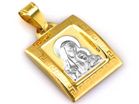 Złoty Medalik próba 585 Matka Boska z Dzieciątkiem Ramka Wzór Grecki