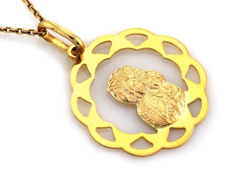 Złoty Medalik próba 585 Okrągły Maryja z Dzieciątkiem