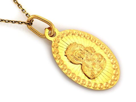 Złoty Medalik próba 585 Owalny Maryja z Dzieciątkiem Ozdobna Ramka