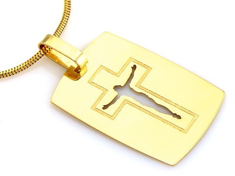 Złoty Medalik próba 585 Prostokąt Jezus na krzyżu