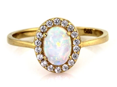 Złoty pierścionek 585 Różowy Opal z Cyrkoniamii
